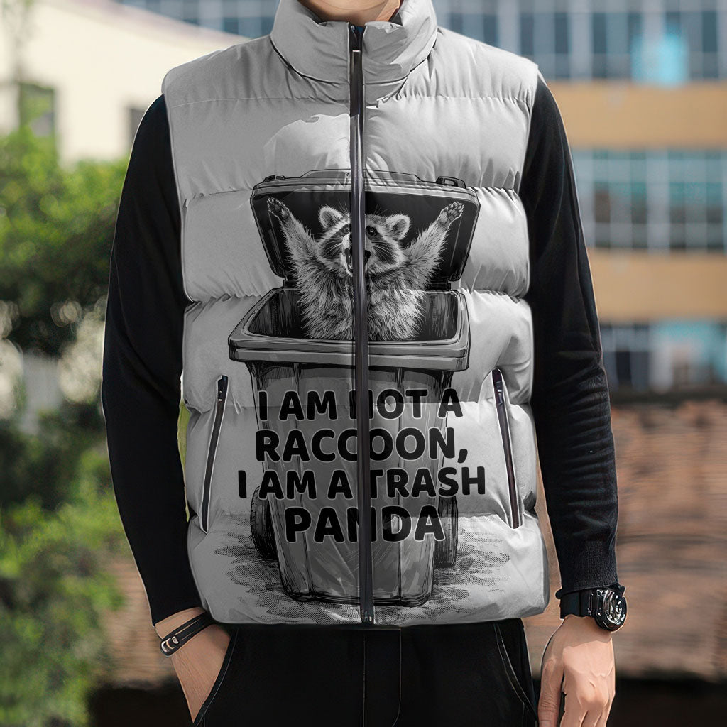 Raccoon I Am Not A Raccoon I Am A Trash Panda Sleeveless Puffer Jacket Funny Animal Meme Grayscale Sketch Illustration
