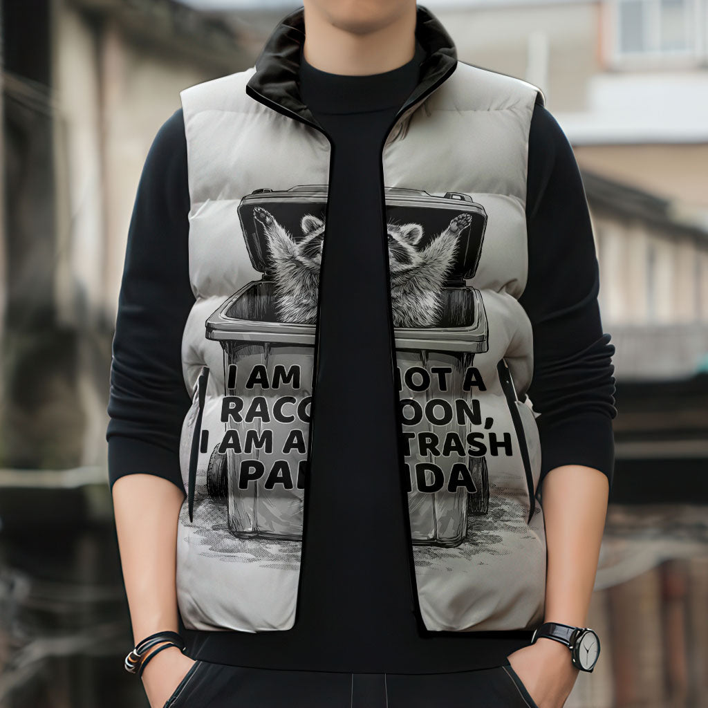 Raccoon I Am Not A Raccoon I Am A Trash Panda Sleeveless Puffer Jacket Funny Animal Meme Grayscale Sketch Illustration