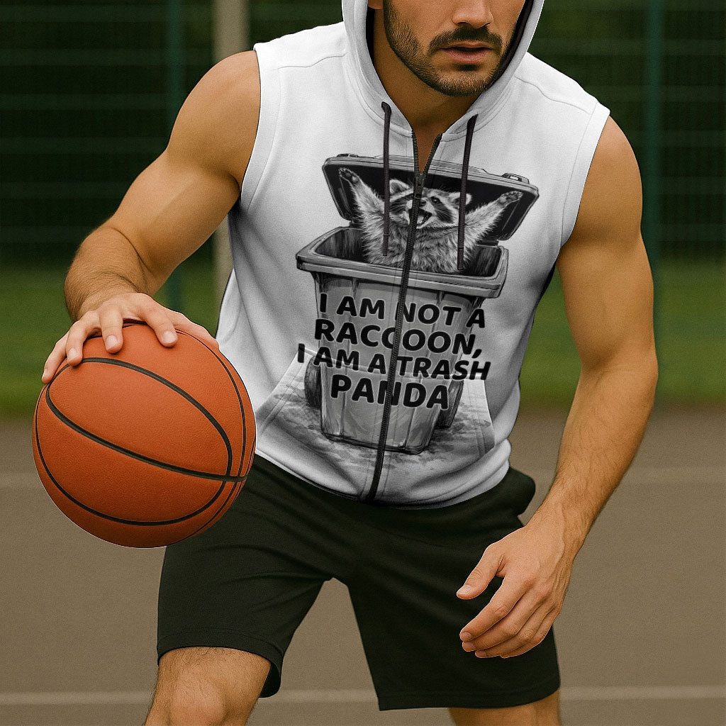 Raccoon I Am Not A Raccoon I Am A Trash Panda Sleeveless Zip Hoodie Funny Animal Meme Grayscale Sketch Illustration