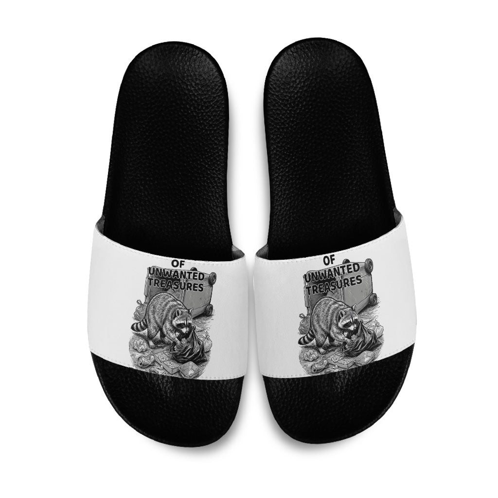 Raccoon I Am Not A Raccoon I Am A Trash Panda Slide Sandals Funny Animal Meme Grayscale Sketch Illustration