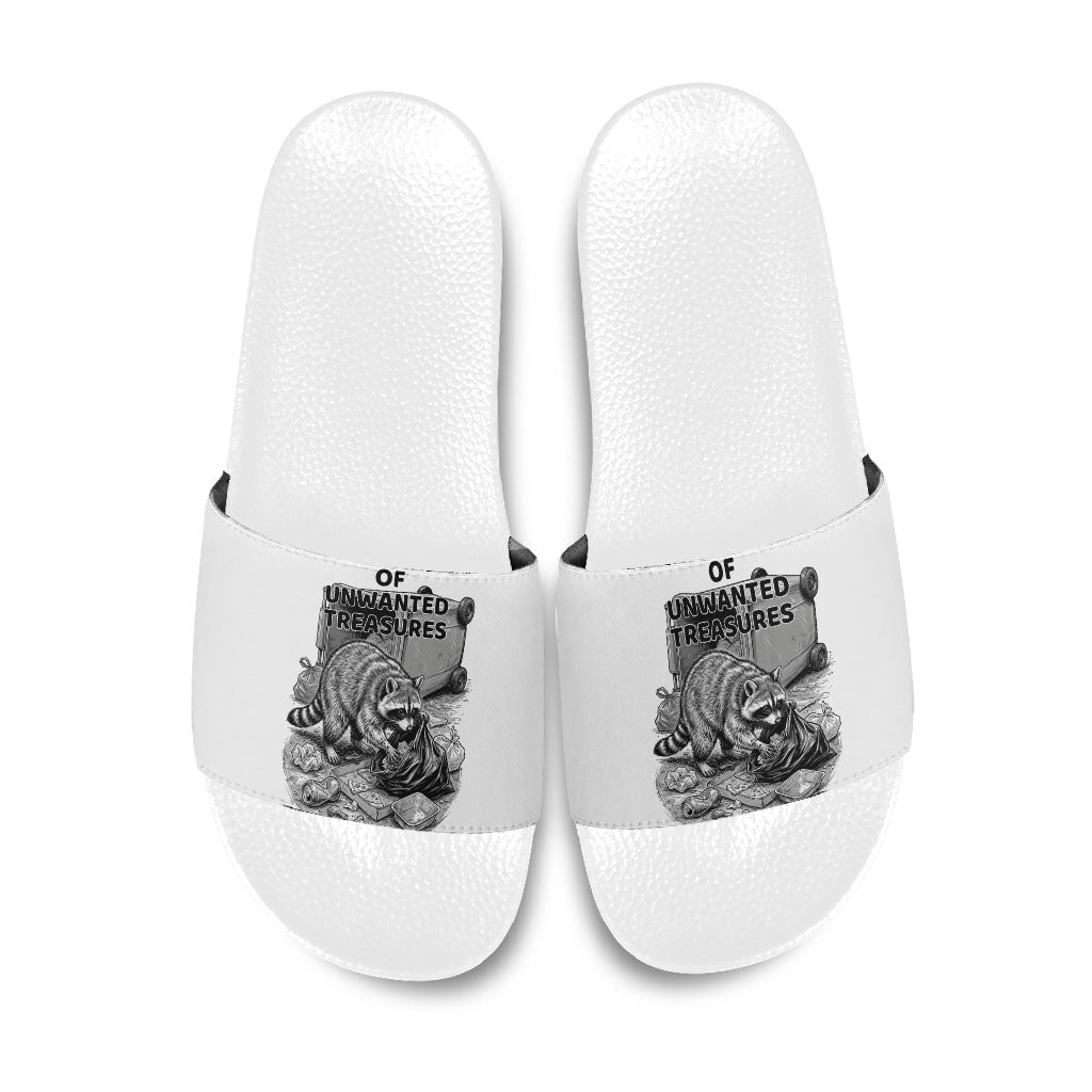 Raccoon I Am Not A Raccoon I Am A Trash Panda Slide Sandals Funny Animal Meme Grayscale Sketch Illustration
