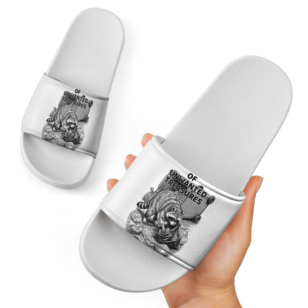 Raccoon I Am Not A Raccoon I Am A Trash Panda Slide Sandals Funny Animal Meme Grayscale Sketch Illustration