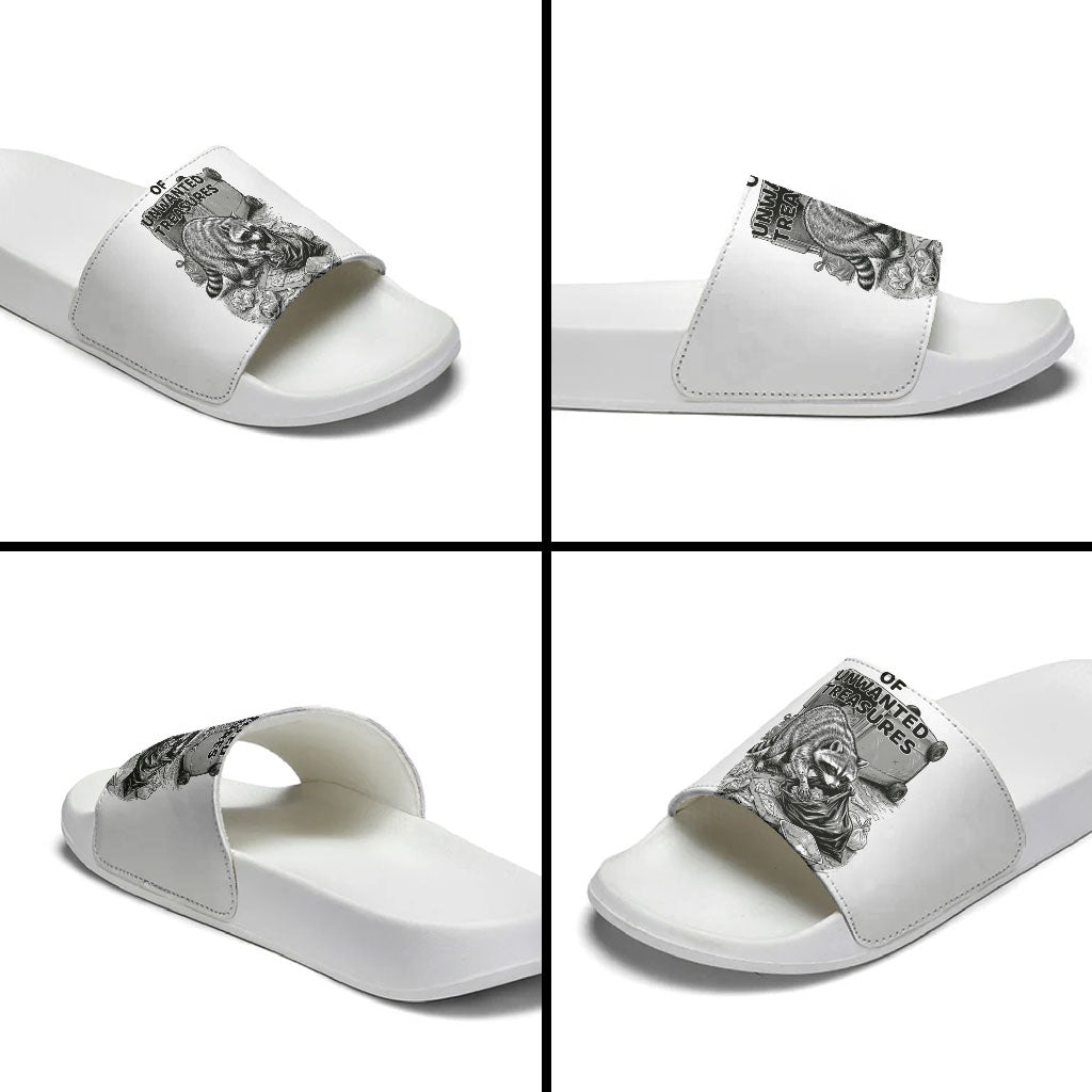 Raccoon I Am Not A Raccoon I Am A Trash Panda Slide Sandals Funny Animal Meme Grayscale Sketch Illustration
