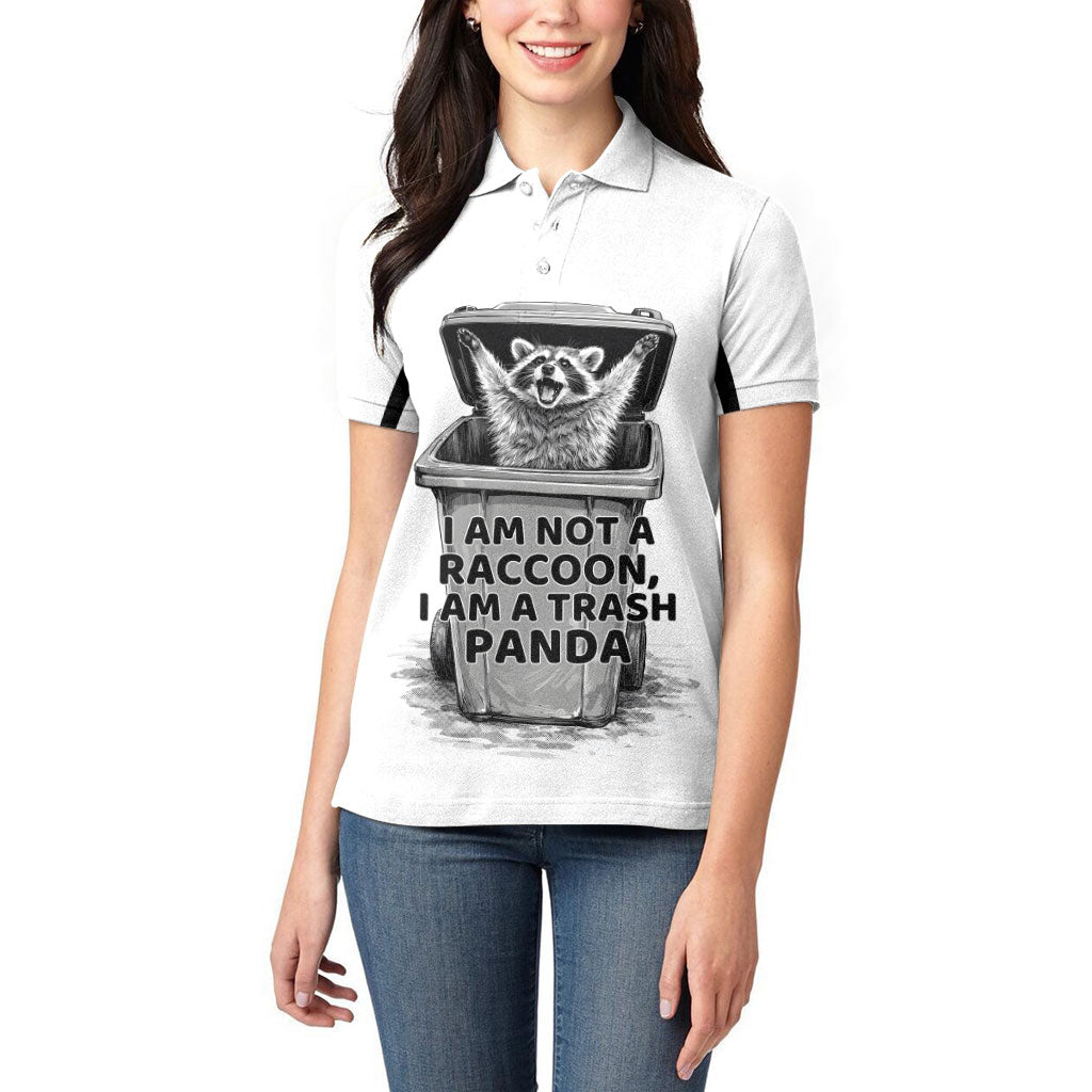 Raccoon I Am Not A Raccoon I Am A Trash Panda Women Polo Shirt Funny Animal Meme Grayscale Sketch Illustration