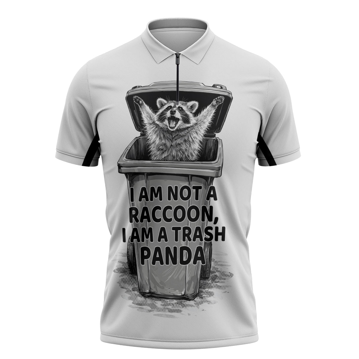 Raccoon I Am Not A Raccoon I Am A Trash Panda Zipper Polo Shirt Funny Animal Meme Grayscale Sketch Illustration