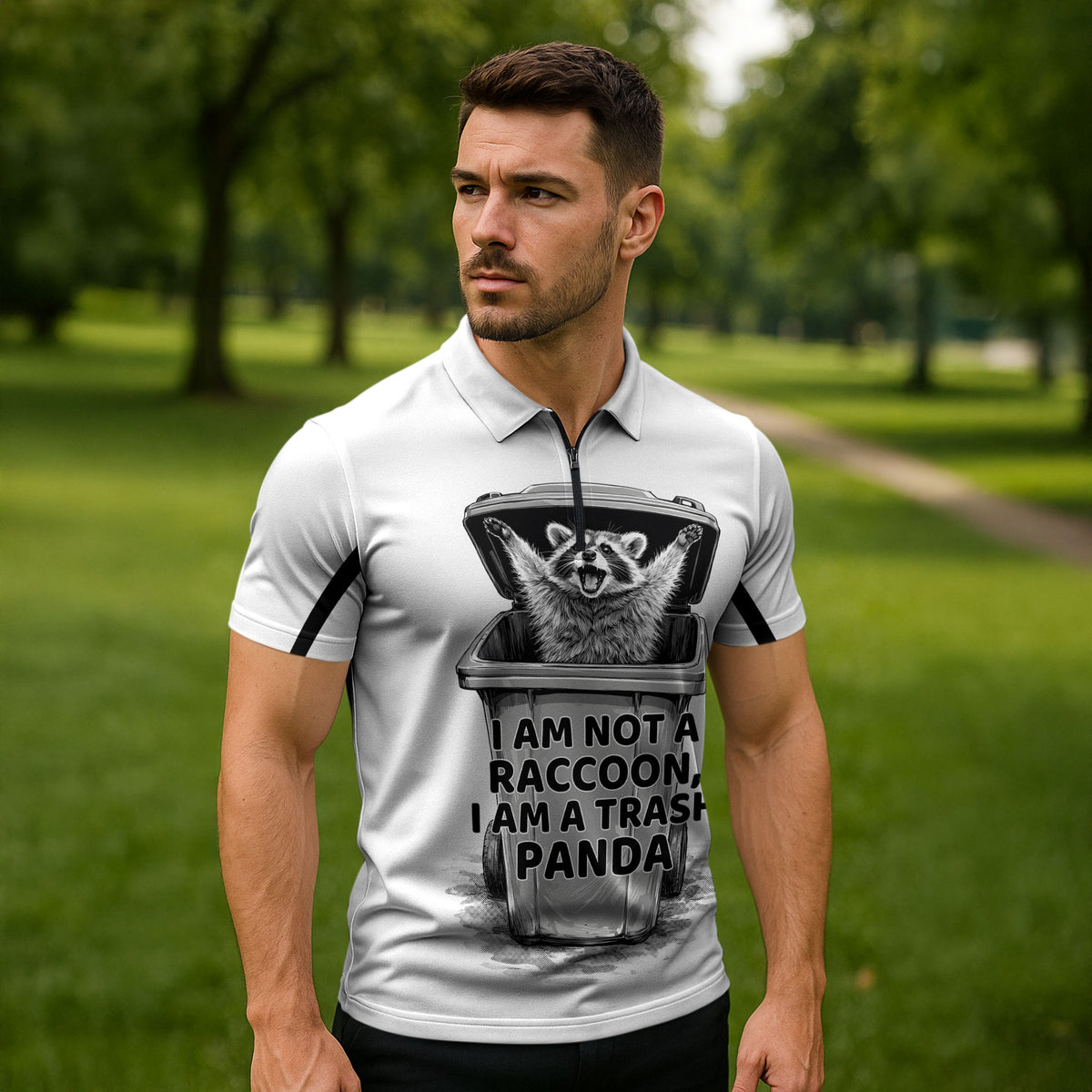 Raccoon I Am Not A Raccoon I Am A Trash Panda Zipper Polo Shirt Funny Animal Meme Grayscale Sketch Illustration