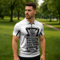 Raccoon I Am Not A Raccoon I Am A Trash Panda Zipper Polo Shirt Funny Animal Meme Grayscale Sketch Illustration