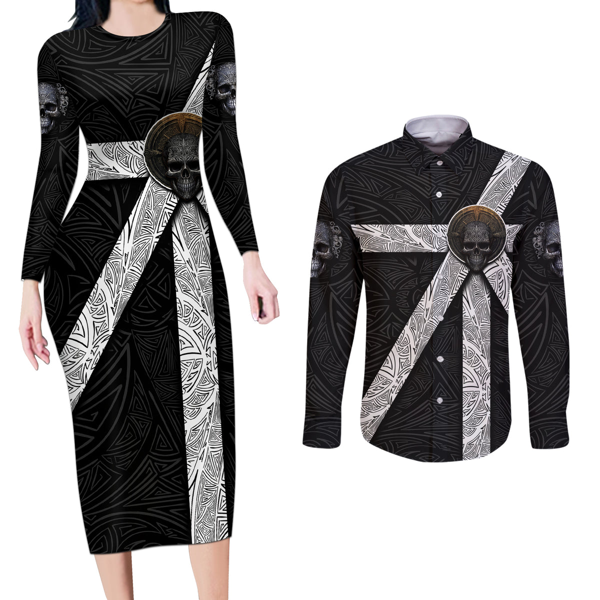 Hell Pattern Skull Couples Matching Long Sleeve Bodycon Dress and Long Sleeve Button Shirts I'm Not Rode I Just Hace The Balls To Say What Everyone Else is Thinking - Wonder Print Shop