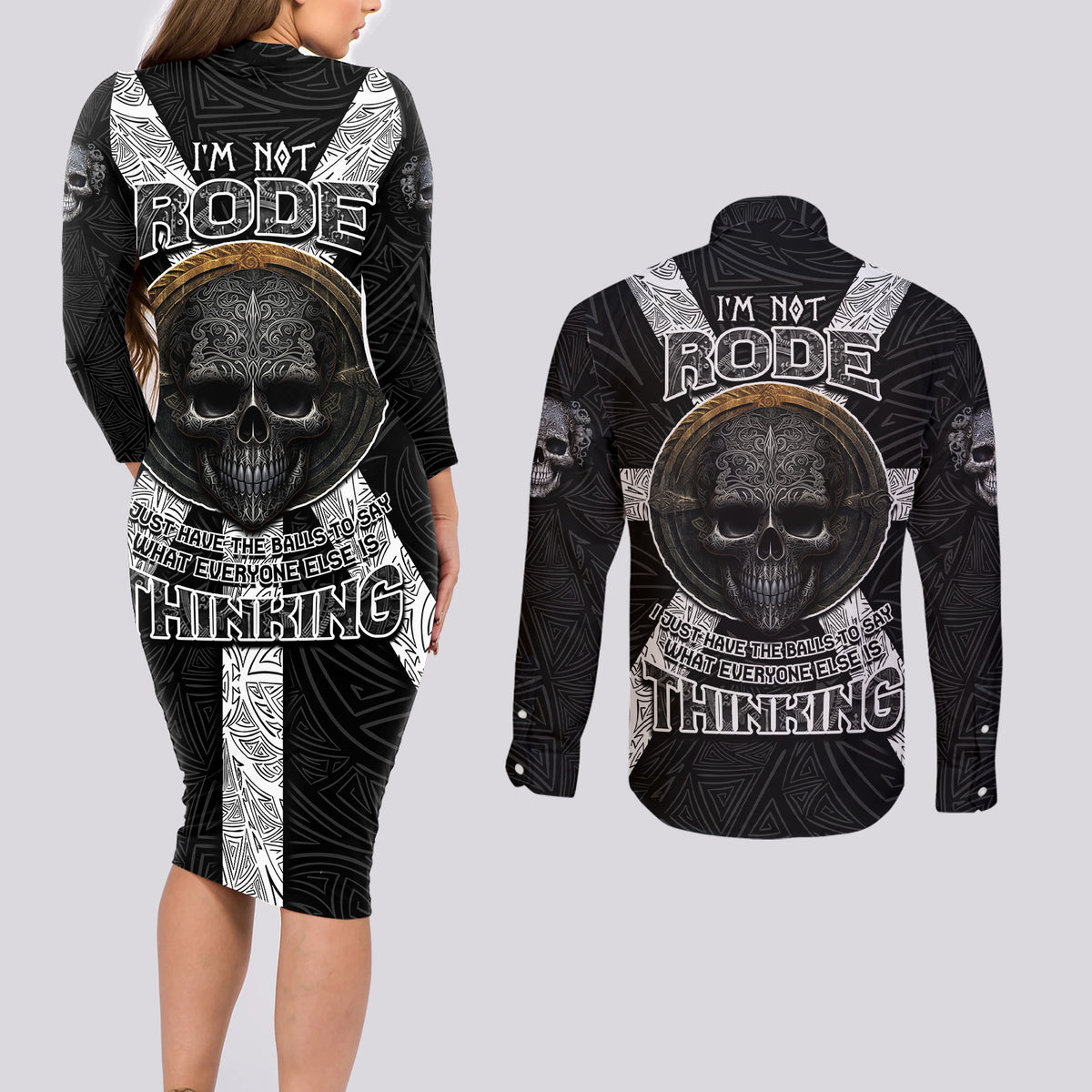 Hell Pattern Skull Couples Matching Long Sleeve Bodycon Dress and Long Sleeve Button Shirts I'm Not Rode I Just Hace The Balls To Say What Everyone Else is Thinking - Wonder Print Shop