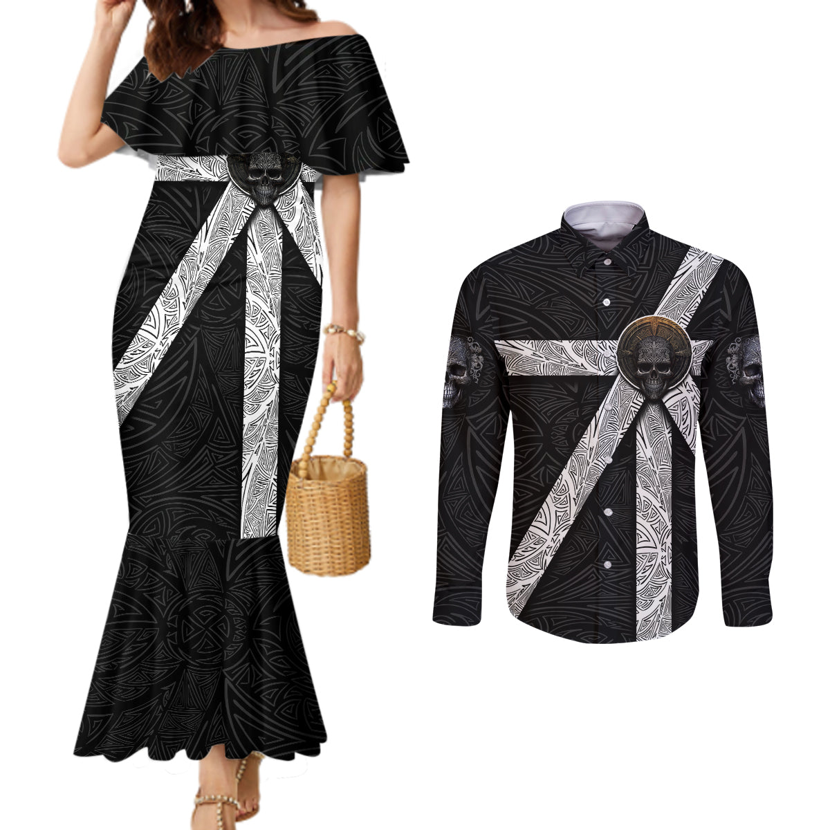 hell-pattern-skull-couples-matching-mermaid-dress-and-long-sleeve-button-shirts-im-not-rode-i-just-hace-the-balls-to-say-what-everyone-else-is-thinking