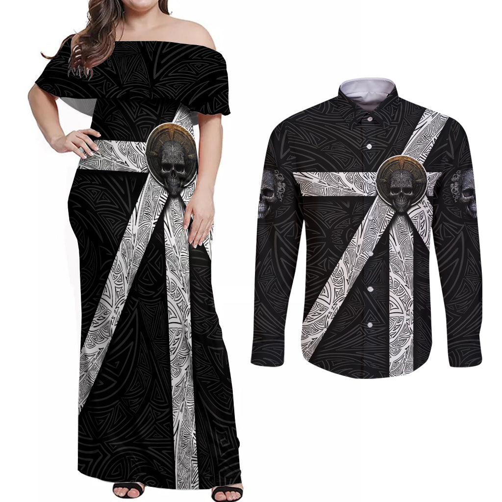 Hell Pattern Skull Couples Matching Off Shoulder Maxi Dress and Long Sleeve Button Shirts I'm Not Rode I Just Hace The Balls To Say What Everyone Else is Thinking - Wonder Print Shop
