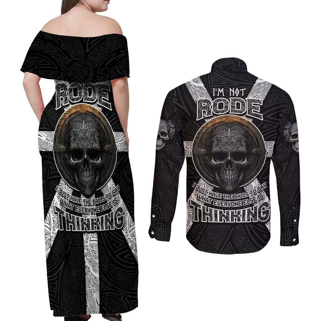 Hell Pattern Skull Couples Matching Off Shoulder Maxi Dress and Long Sleeve Button Shirts I'm Not Rode I Just Hace The Balls To Say What Everyone Else is Thinking - Wonder Print Shop