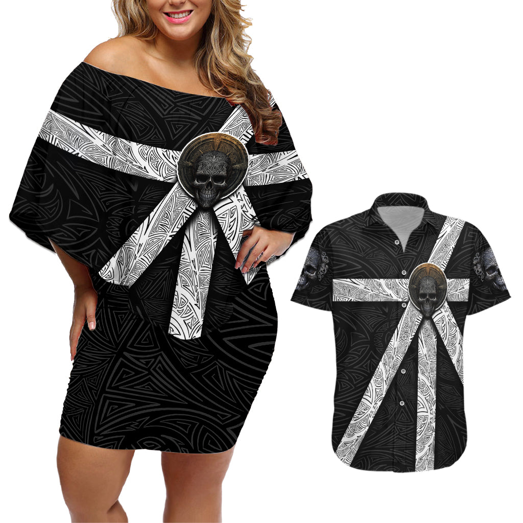 Hell Pattern Skull Couples Matching Off Shoulder Short Dress and Hawaiian Shirt I'm Not Rode I Just Hace The Balls To Say What Everyone Else is Thinking - Wonder Print Shop