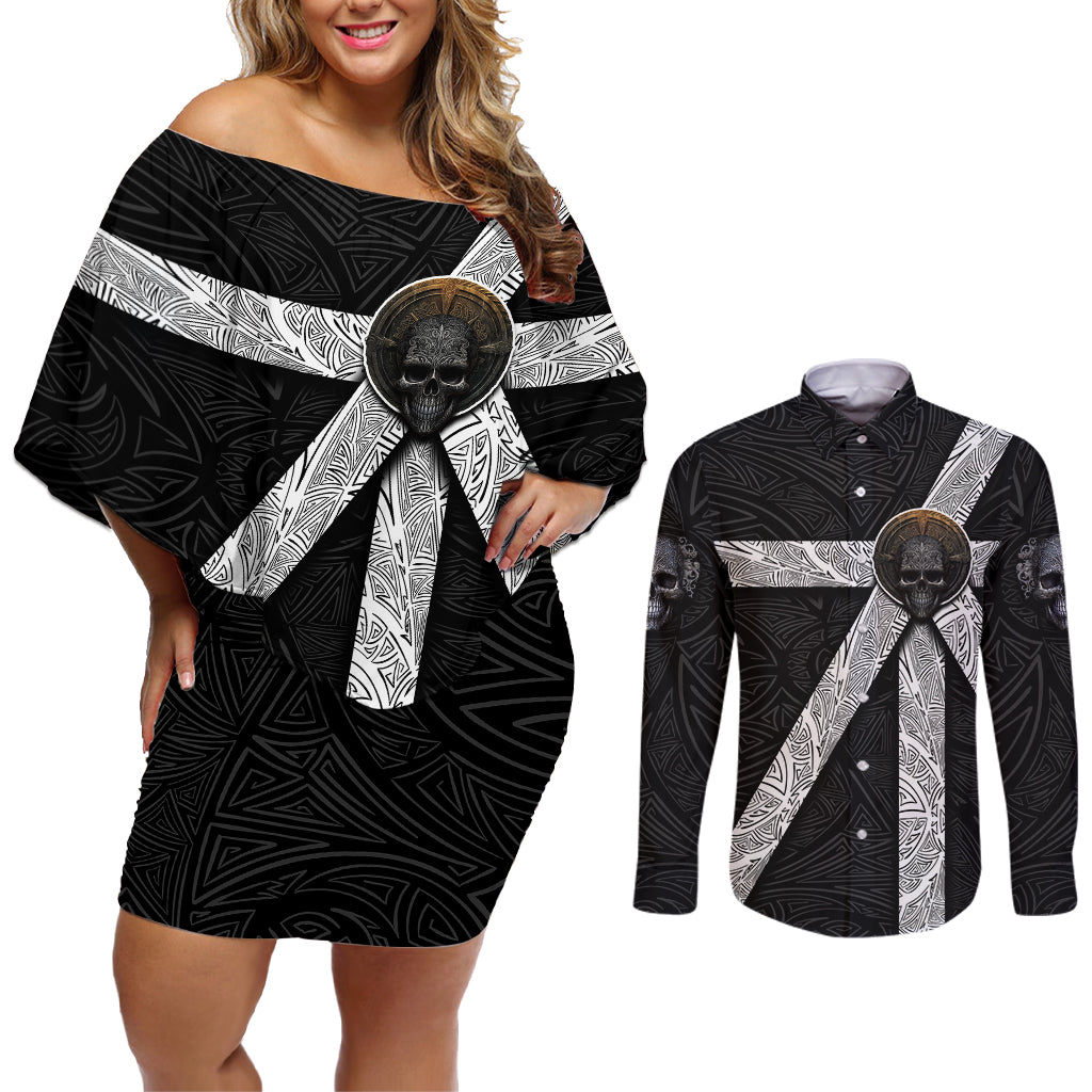 Hell Pattern Skull Couples Matching Off Shoulder Short Dress and Long Sleeve Button Shirts I'm Not Rode I Just Hace The Balls To Say What Everyone Else is Thinking - Wonder Print Shop