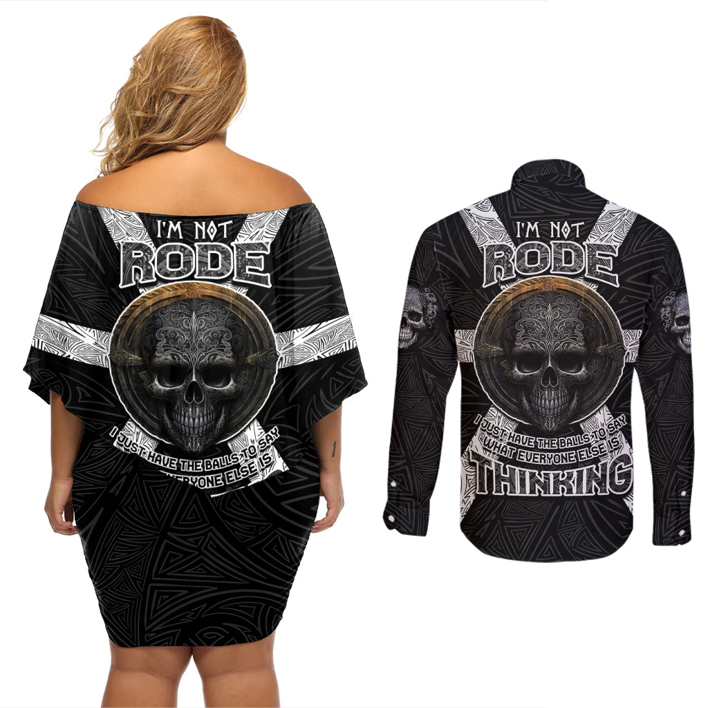 Hell Pattern Skull Couples Matching Off Shoulder Short Dress and Long Sleeve Button Shirts I'm Not Rode I Just Hace The Balls To Say What Everyone Else is Thinking - Wonder Print Shop