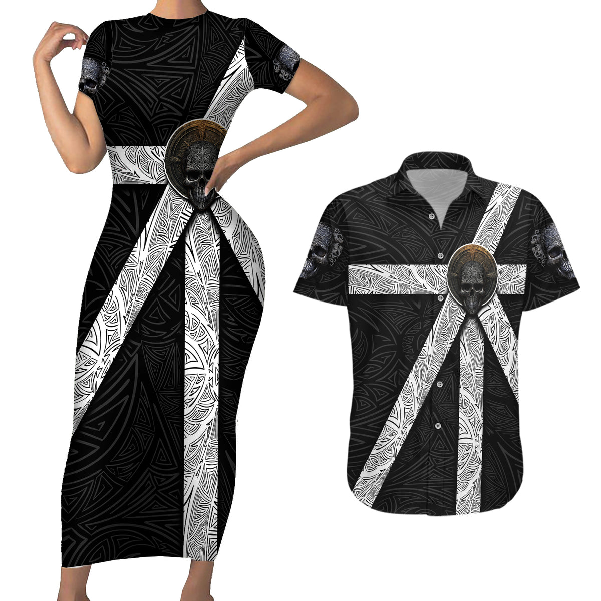 Hell Pattern Skull Couples Matching Short Sleeve Bodycon Dress and Hawaiian Shirt I'm Not Rode I Just Hace The Balls To Say What Everyone Else is Thinking - Wonder Print Shop