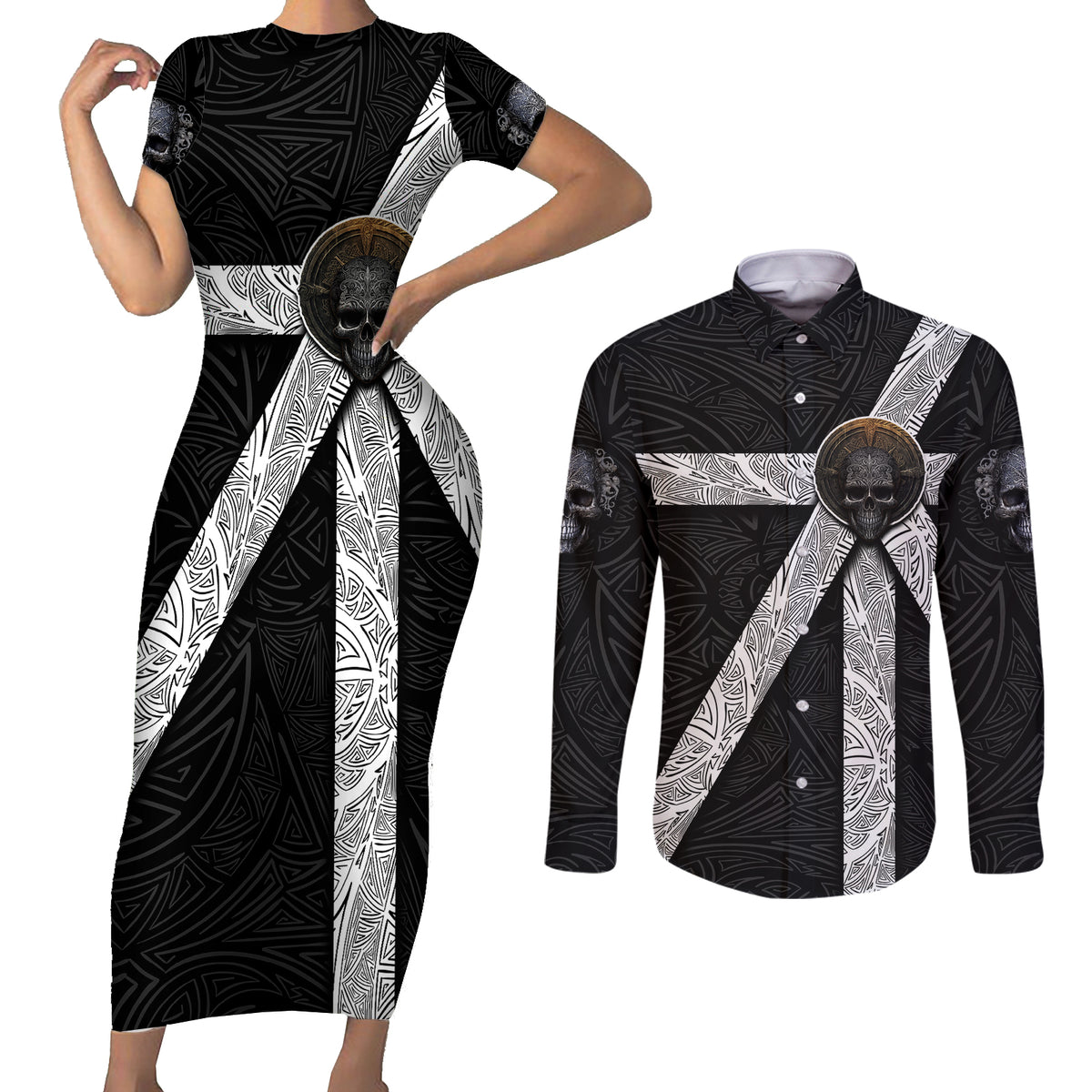Hell Pattern Skull Couples Matching Short Sleeve Bodycon Dress and Long Sleeve Button Shirts I'm Not Rode I Just Hace The Balls To Say What Everyone Else is Thinking - Wonder Print Shop