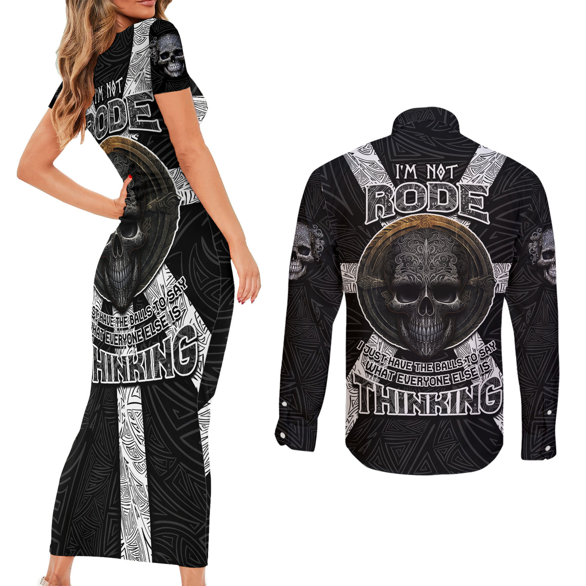 Hell Pattern Skull Couples Matching Short Sleeve Bodycon Dress and Long Sleeve Button Shirts I'm Not Rode I Just Hace The Balls To Say What Everyone Else is Thinking - Wonder Print Shop