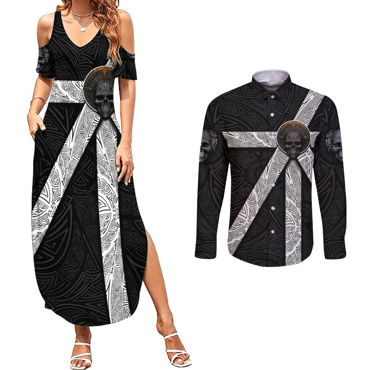 Hell Pattern Skull Couples Matching Summer Maxi Dress and Long Sleeve Button Shirts I'm Not Rode I Just Hace The Balls To Say What Everyone Else is Thinking - Wonder Print Shop