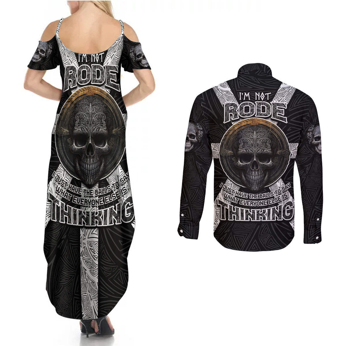 Hell Pattern Skull Couples Matching Summer Maxi Dress and Long Sleeve Button Shirts I'm Not Rode I Just Hace The Balls To Say What Everyone Else is Thinking - Wonder Print Shop