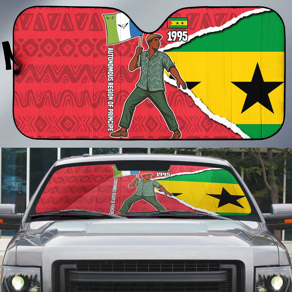 Autonomous Region of Principe Independence Auto Sun Shade with 1995 Flag Design and Cultural Pattern - Wonder Print Shop