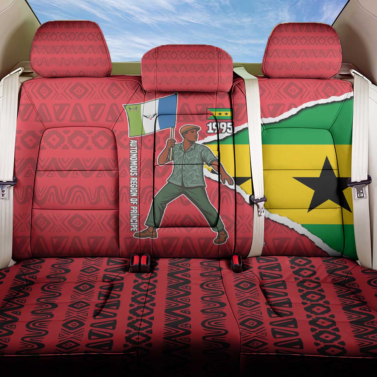Autonomous Region of Principe Independence Back Car Seat Cover with 1995 Flag Design and Cultural Pattern - Wonder Print Shop