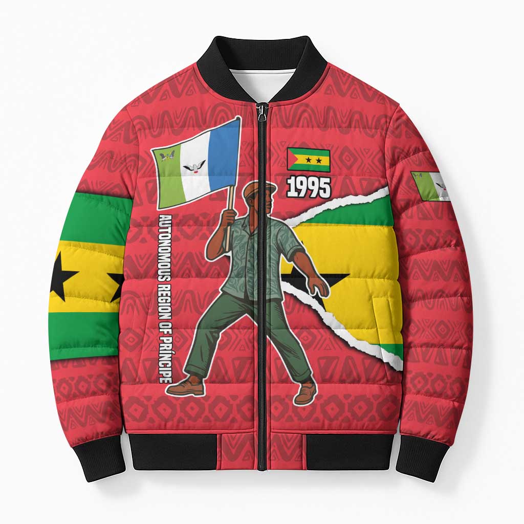 Autonomous Region of Principe Independence Bomber Puffer Jacket with 1995 Flag Design and Cultural Pattern - Wonder Print Shop
