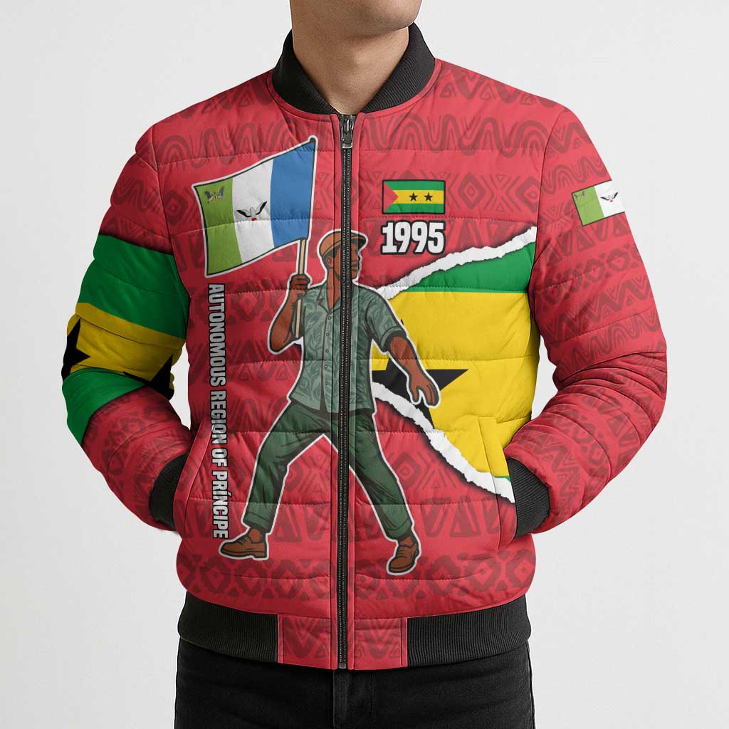Autonomous Region of Principe Independence Bomber Puffer Jacket with 1995 Flag Design and Cultural Pattern - Wonder Print Shop