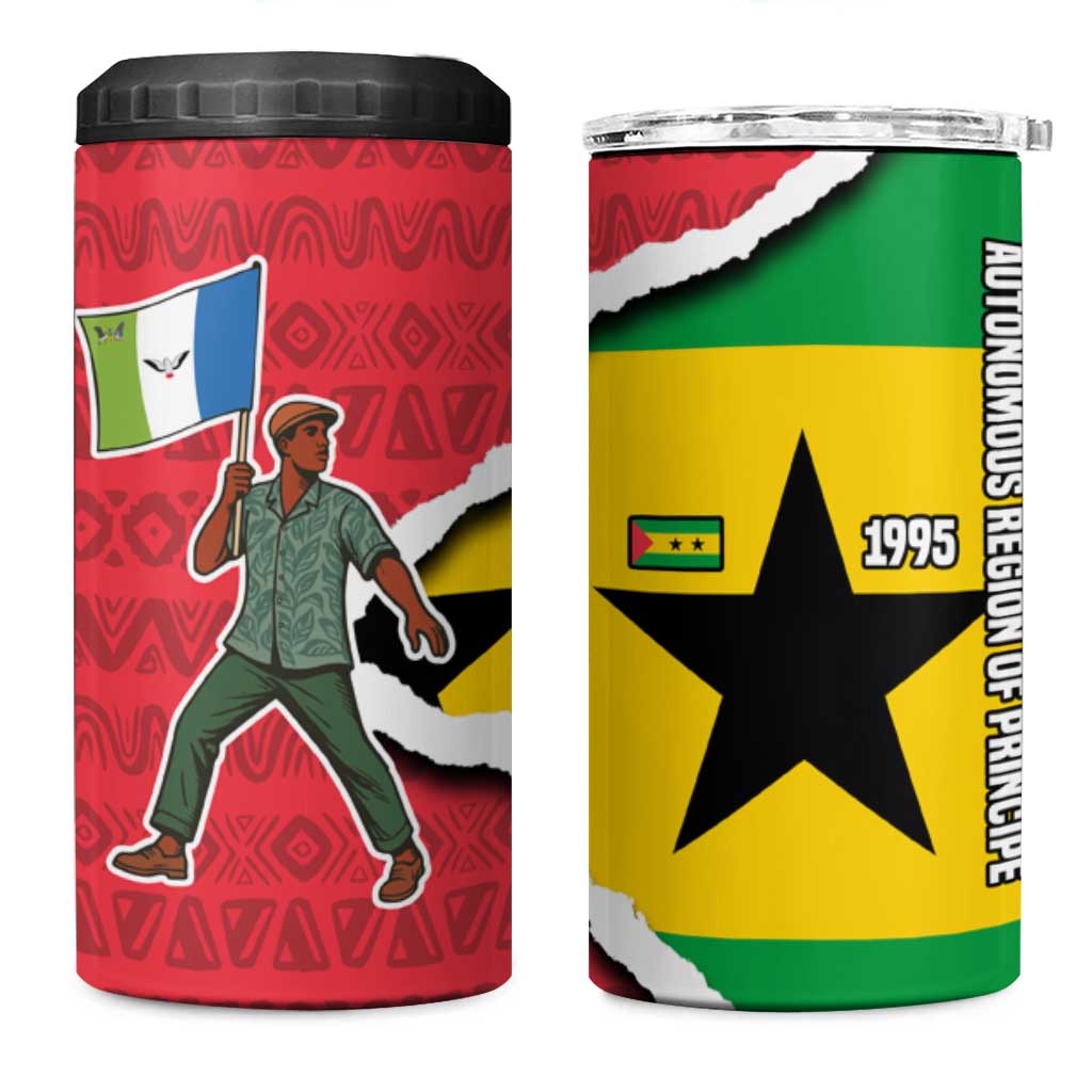 Autonomous Region of Principe Independence 4 in 1 Can Cooler Tumbler with 1995 Flag Design and Cultural Pattern - Wonder Print Shop
