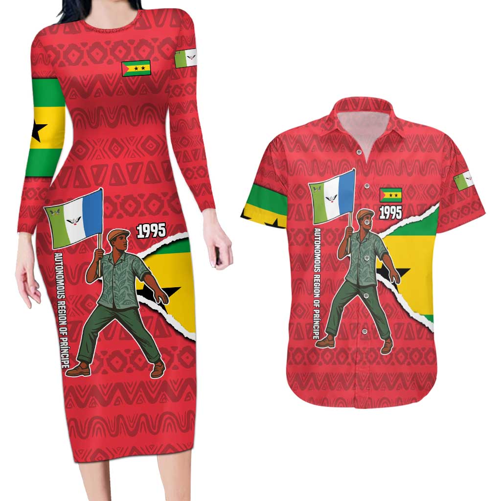 Autonomous Region of Principe Independence Couples Matching Long Sleeve Bodycon Dress and Hawaiian Shirt with 1995 Flag Design and Cultural Pattern - Wonder Print Shop