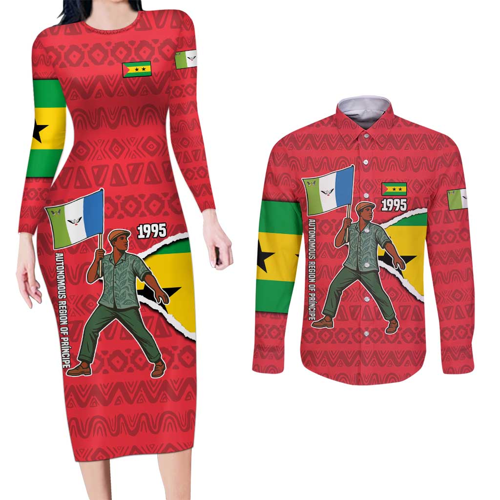 Autonomous Region of Principe Independence Couples Matching Long Sleeve Bodycon Dress and Long Sleeve Button Shirt with 1995 Flag Design and Cultural Pattern - Wonder Print Shop