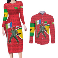 Autonomous Region of Principe Independence Couples Matching Long Sleeve Bodycon Dress and Long Sleeve Button Shirt with 1995 Flag Design and Cultural Pattern - Wonder Print Shop