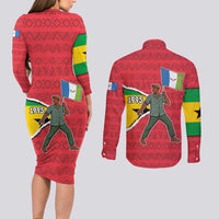 Autonomous Region of Principe Independence Couples Matching Long Sleeve Bodycon Dress and Long Sleeve Button Shirt with 1995 Flag Design and Cultural Pattern - Wonder Print Shop