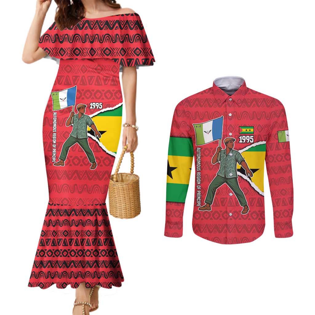 Autonomous Region of Principe Independence Couples Matching Mermaid Dress and Long Sleeve Button Shirt with 1995 Flag Design and Cultural Pattern - Wonder Print Shop