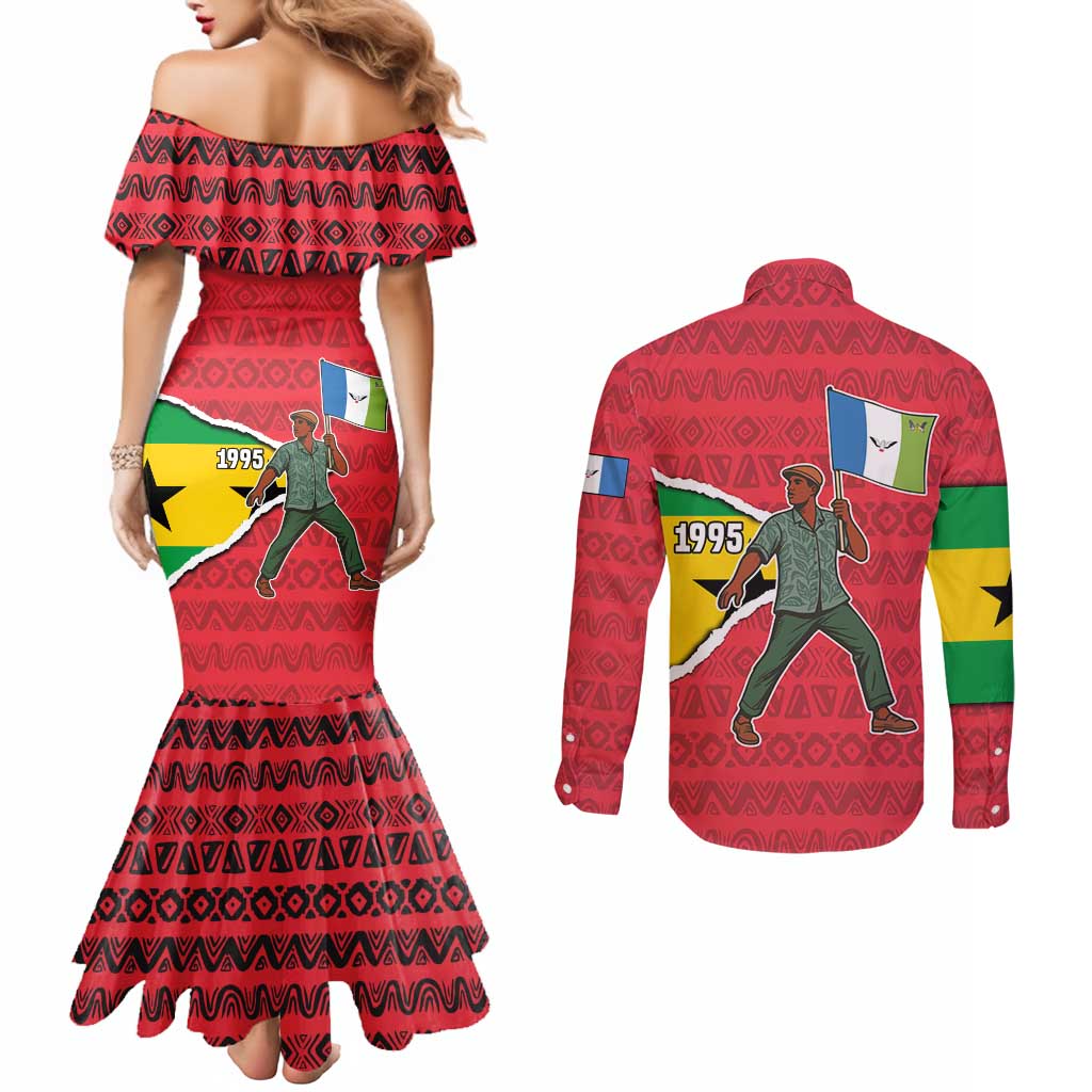 Autonomous Region of Principe Independence Couples Matching Mermaid Dress and Long Sleeve Button Shirt with 1995 Flag Design and Cultural Pattern - Wonder Print Shop