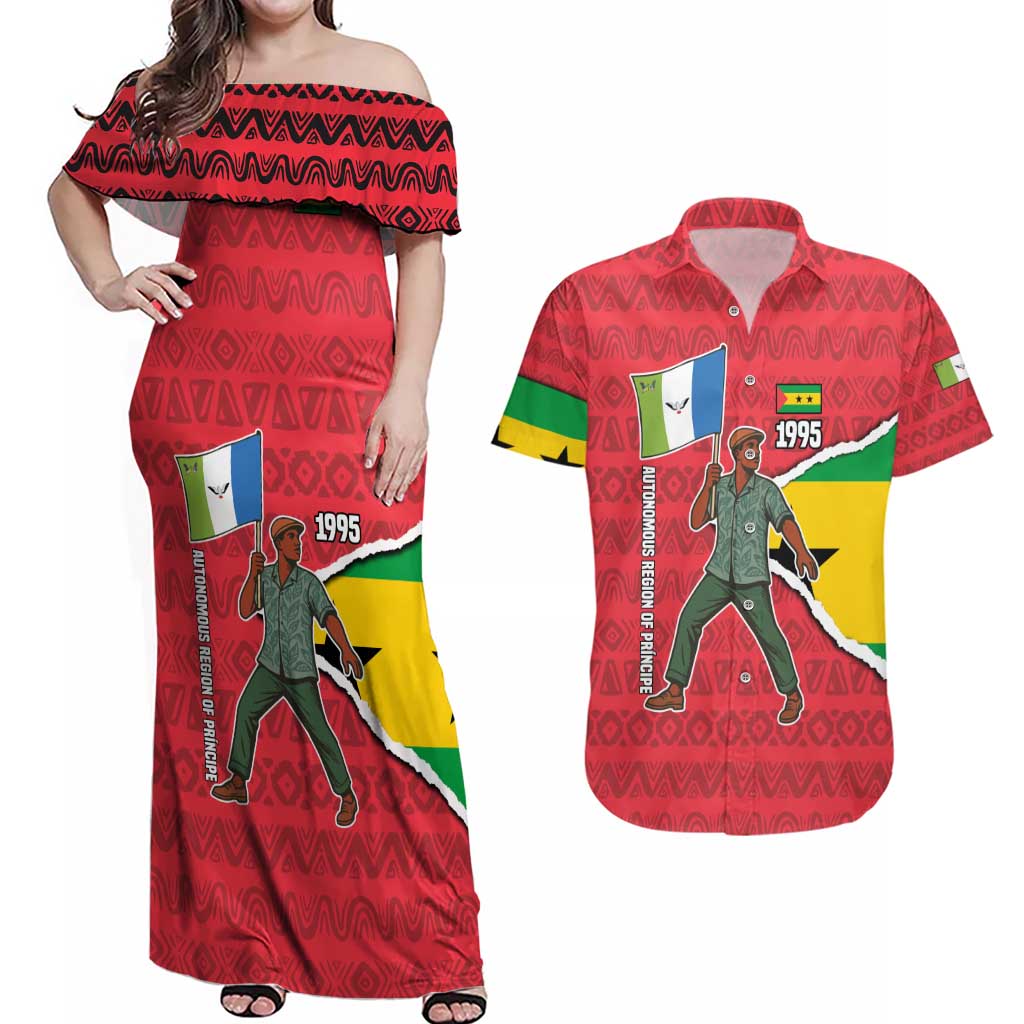 Autonomous Region of Principe Independence Couples Matching Off Shoulder Maxi Dress and Hawaiian Shirt with 1995 Flag Design and Cultural Pattern - Wonder Print Shop