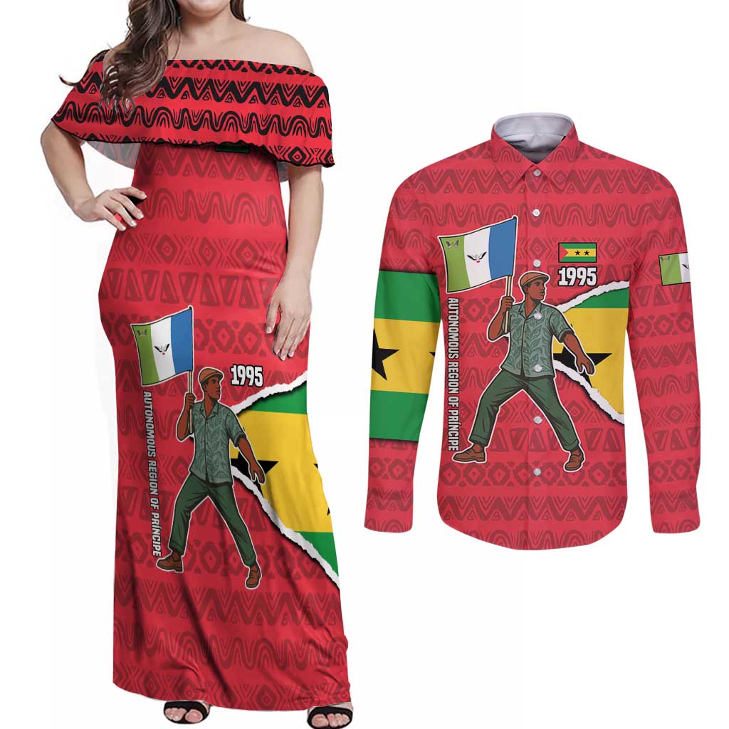 Autonomous Region of Principe Independence Couples Matching Off Shoulder Maxi Dress and Long Sleeve Button Shirt with 1995 Flag Design and Cultural Pattern - Wonder Print Shop