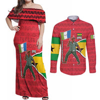 Autonomous Region of Principe Independence Couples Matching Off Shoulder Maxi Dress and Long Sleeve Button Shirt with 1995 Flag Design and Cultural Pattern - Wonder Print Shop