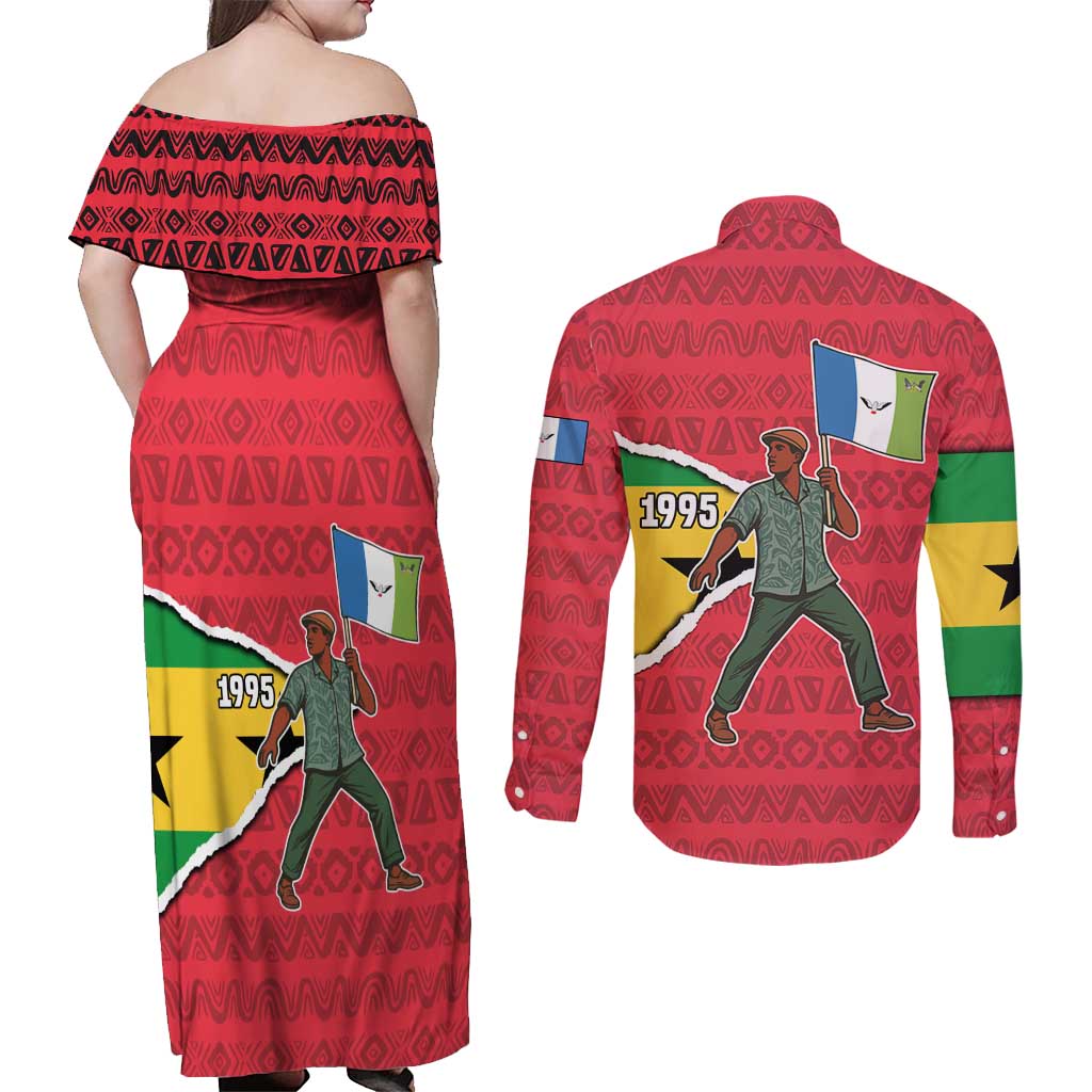 Autonomous Region of Principe Independence Couples Matching Off Shoulder Maxi Dress and Long Sleeve Button Shirt with 1995 Flag Design and Cultural Pattern - Wonder Print Shop
