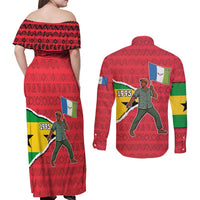 Autonomous Region of Principe Independence Couples Matching Off Shoulder Maxi Dress and Long Sleeve Button Shirt with 1995 Flag Design and Cultural Pattern - Wonder Print Shop