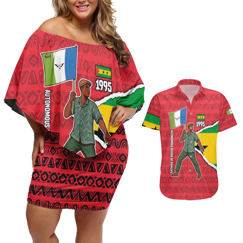 Autonomous Region of Principe Independence Couples Matching Off Shoulder Short Dress and Hawaiian Shirt with 1995 Flag Design and Cultural Pattern - Wonder Print Shop