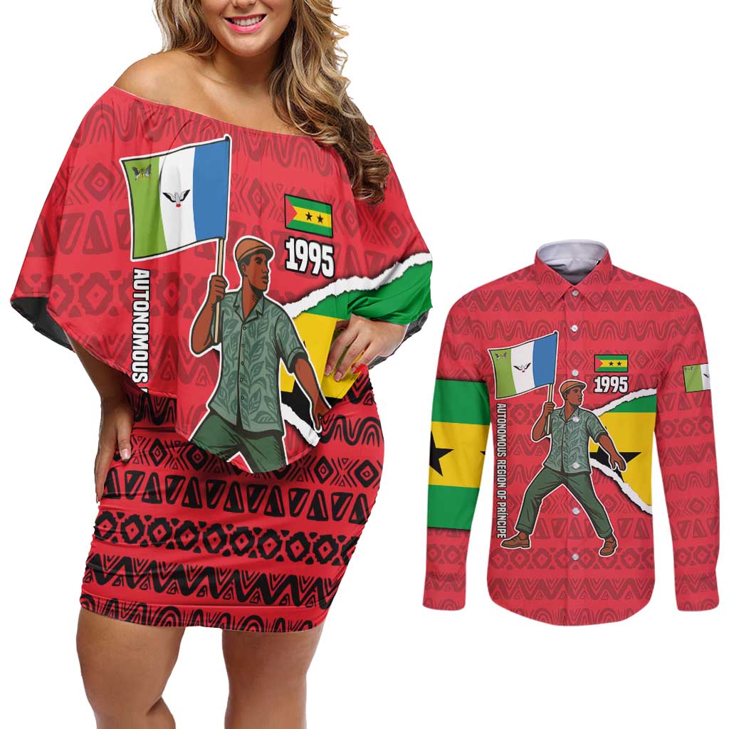 Autonomous Region of Principe Independence Couples Matching Off Shoulder Short Dress and Long Sleeve Button Shirt with 1995 Flag Design and Cultural Pattern - Wonder Print Shop