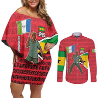 Autonomous Region of Principe Independence Couples Matching Off Shoulder Short Dress and Long Sleeve Button Shirt with 1995 Flag Design and Cultural Pattern - Wonder Print Shop