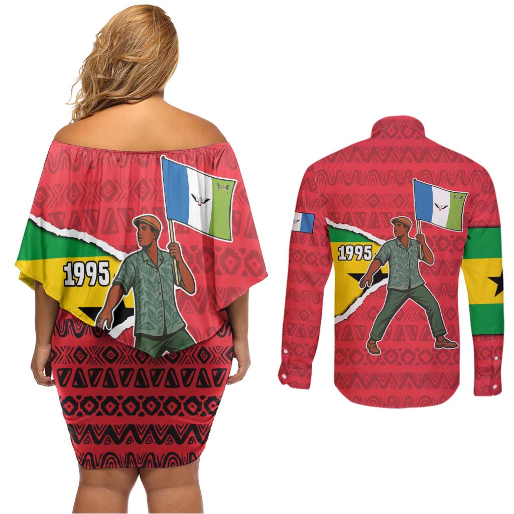 Autonomous Region of Principe Independence Couples Matching Off Shoulder Short Dress and Long Sleeve Button Shirt with 1995 Flag Design and Cultural Pattern - Wonder Print Shop