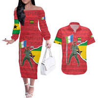 Autonomous Region of Principe Independence Couples Matching Off The Shoulder Long Sleeve Dress and Hawaiian Shirt with 1995 Flag Design and Cultural Pattern - Wonder Print Shop