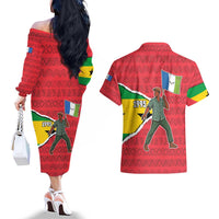Autonomous Region of Principe Independence Couples Matching Off The Shoulder Long Sleeve Dress and Hawaiian Shirt with 1995 Flag Design and Cultural Pattern - Wonder Print Shop
