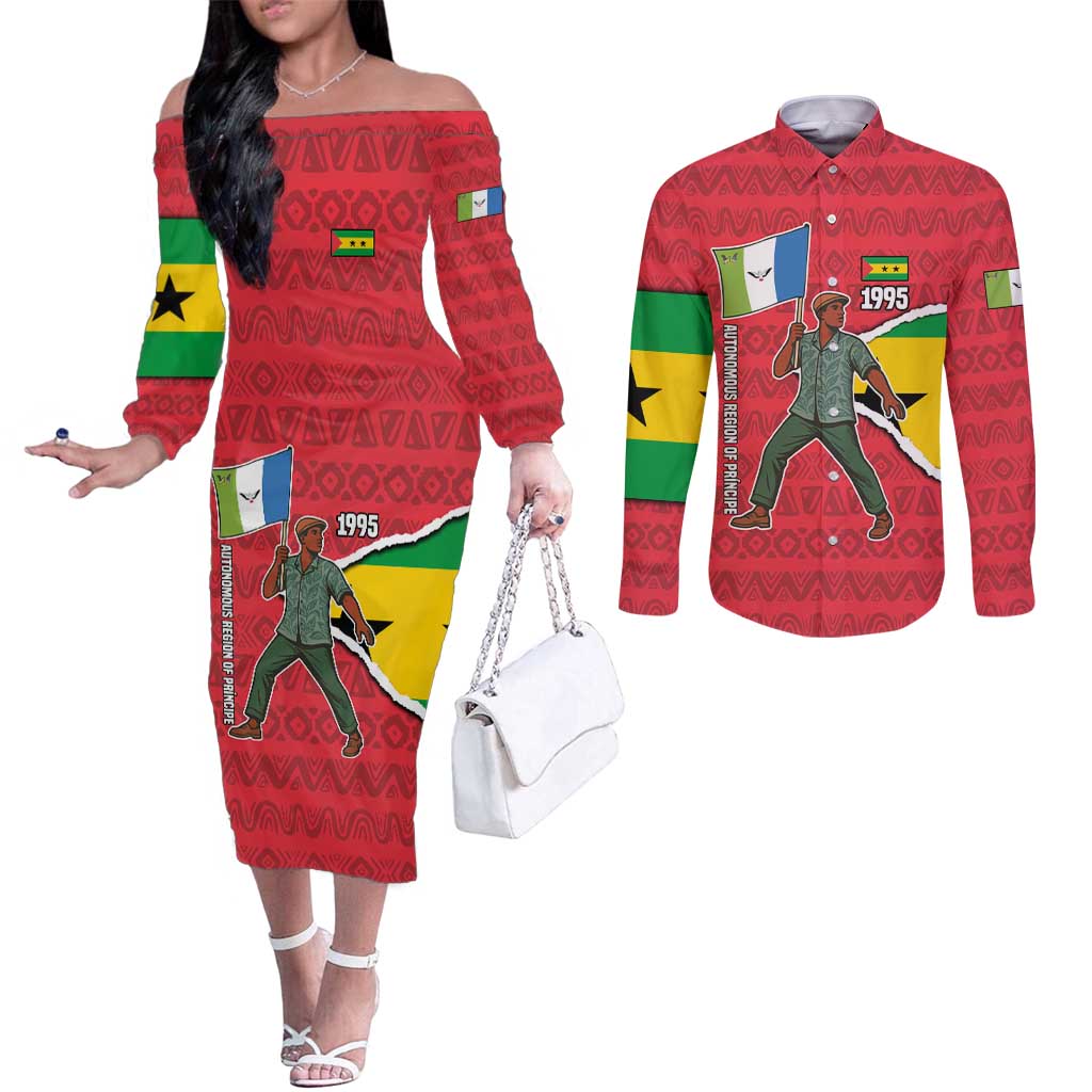 Autonomous Region of Principe Independence Couples Matching Off The Shoulder Long Sleeve Dress and Long Sleeve Button Shirt with 1995 Flag Design and Cultural Pattern - Wonder Print Shop
