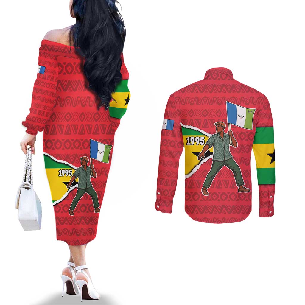 Autonomous Region of Principe Independence Couples Matching Off The Shoulder Long Sleeve Dress and Long Sleeve Button Shirt with 1995 Flag Design and Cultural Pattern - Wonder Print Shop