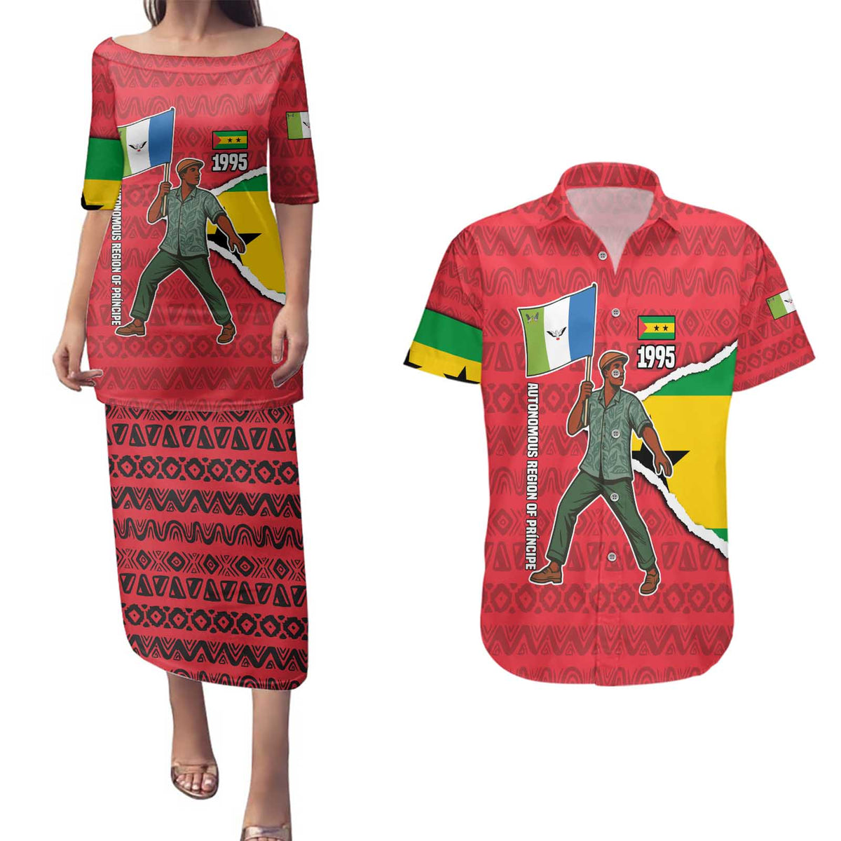 Autonomous Region of Principe Independence Couples Matching Puletasi and Hawaiian Shirt with 1995 Flag Design and Cultural Pattern - Wonder Print Shop