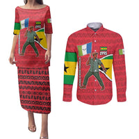 Autonomous Region of Principe Independence Couples Matching Puletasi and Long Sleeve Button Shirt with 1995 Flag Design and Cultural Pattern - Wonder Print Shop